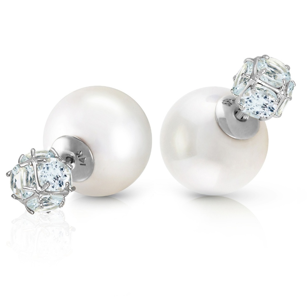 SHELL PEARLS AND AQUAMARINES STUD EARRINGS - Picture 1 of 6